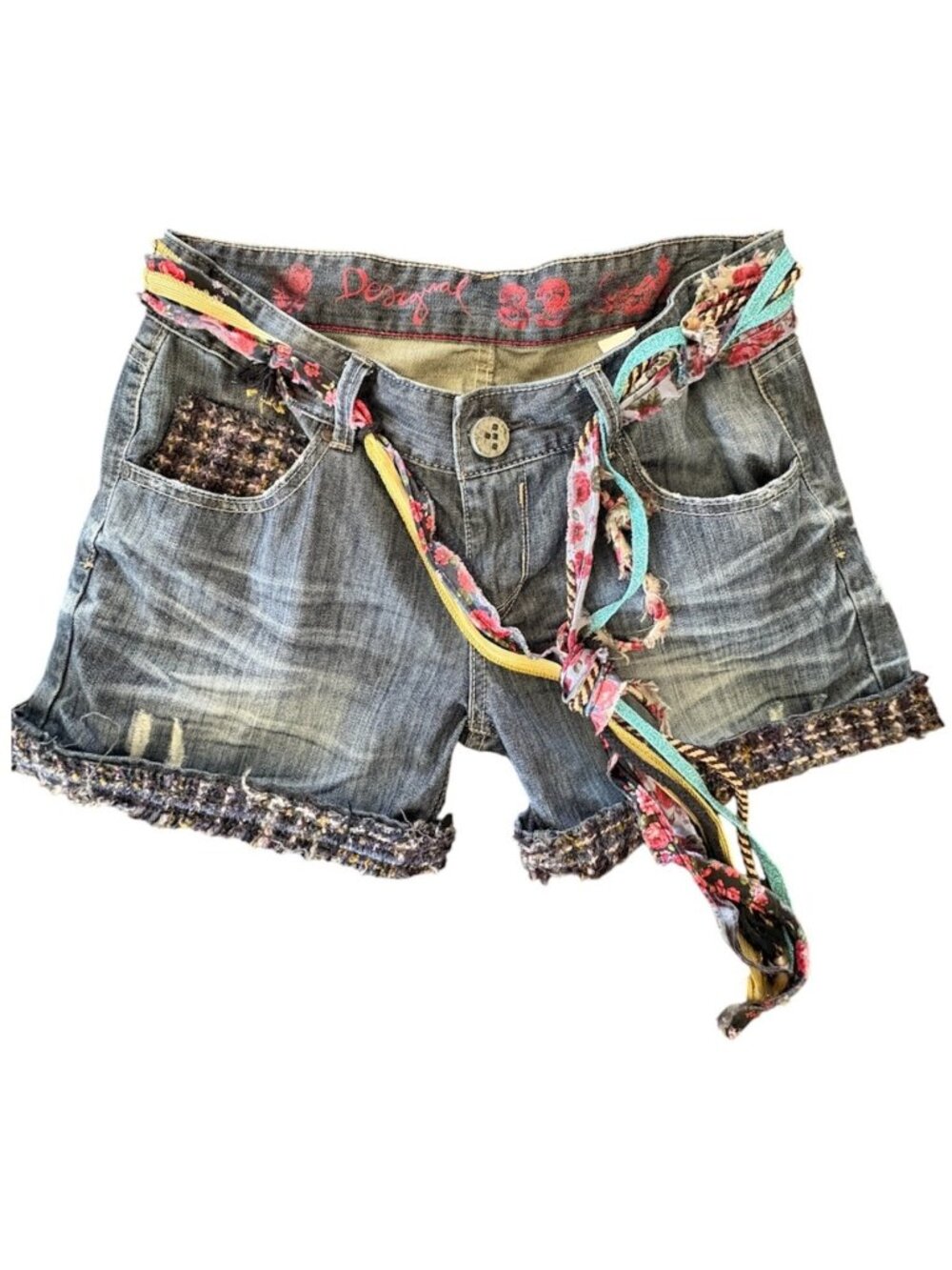 Desigual Mixed Media Denim Shorts With Attached Ribbon Belt Boho Chic Size 32